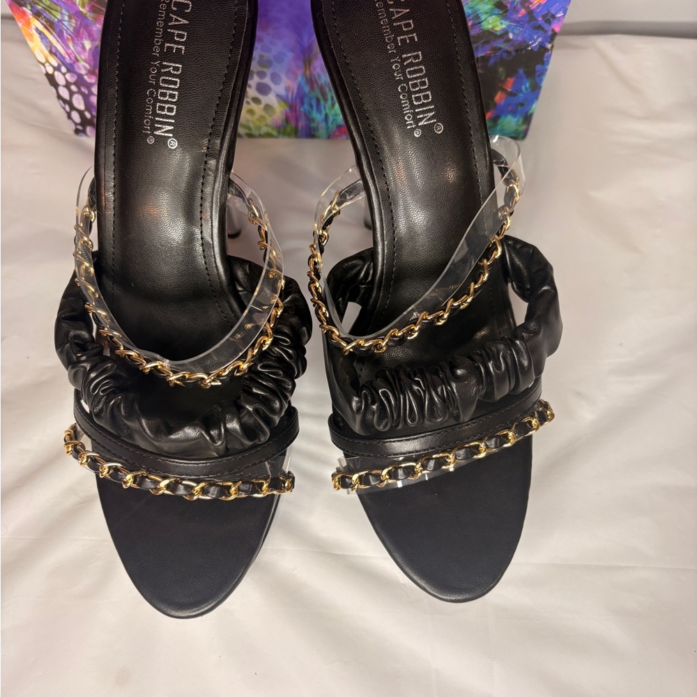 Cape Robbin Black Heels with Gold Chain Accents